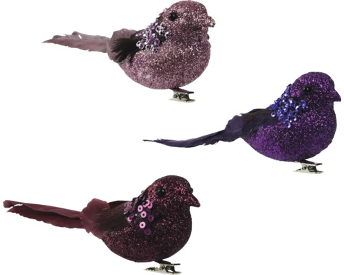 Dekoclip Vogel mit Glimmer Dekorative Glitzervögel mit Clip, Set aus drei Stück