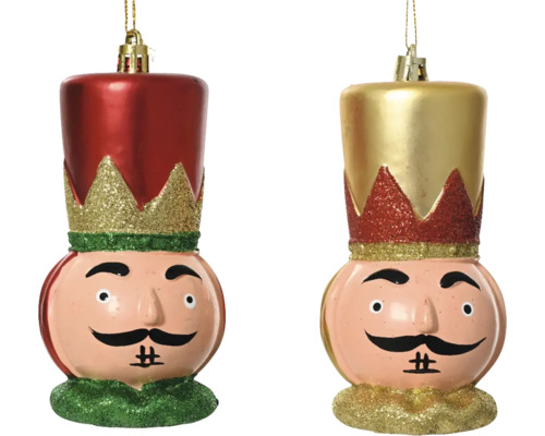 Zwei Nussknacker Christbaumkugeln mit Gesichtern und Hüten