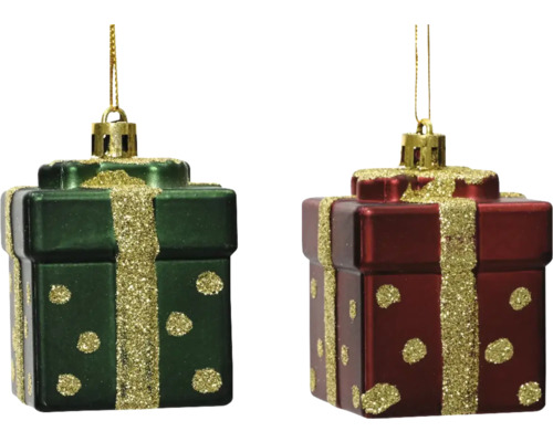 Weihnachtsbaumanhänger Geschenk 5 cm Kunststoff zufällige Farbauswahl Zwei Geschenkbox Christbaumkugeln mit Dekorband