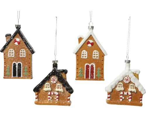 Weihnachtsbaumanhänger Lebkuchenhaus Kunststoff zufällige Motivauswahl Vier Lebkuchenhaus Ornamente zum Aufhängen