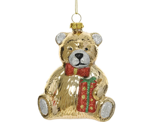 Weihnachtsbaumanhänger Bär Kunststoff gold Teddybär Christbaumkugel mit Geschenk