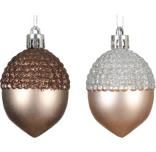 Zwei glitzernde Eichelförmige Weihnachtsbaumhänger mit Aufhängung.