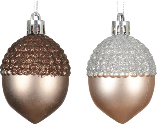 Dekohänger Eichel aus Kunststoff sortiert Zwei glitzernde Eichelförmige Weihnachtsbaumhänger mit Aufhängung.