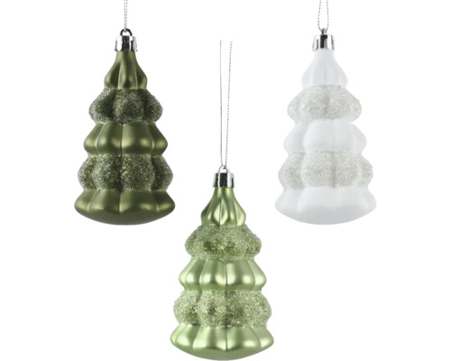 Christbaumhänger Weihnachtsbaum 5,5x5,5x9,5 cm grün Drei Christbaumkugeln in Form von Tannenbäumen mit Glitzer