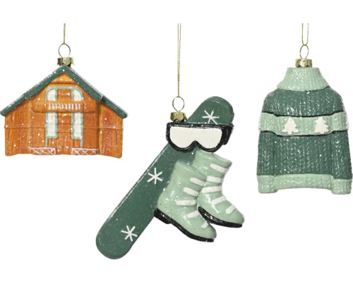 Dekohänger Ski aus Kunststoff grün Dekoratives Set mit Haus, Skiausrüstung und Pullover als Christbaumschmuck
