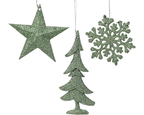 Christbaumhänger Motive Glitzer 10,5x0,8 cm mint Dekoratives Set mit Stern, Weihnachtsbaum und Schneeflocke zum Aufhängen