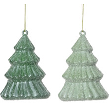 Zwei Christbaumkugeln in Form von Tannenbäumen