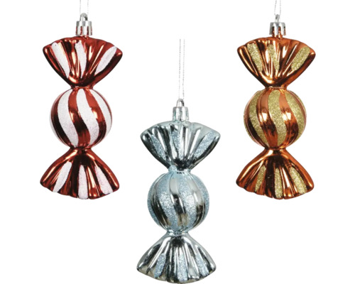 Dekohänger Bonbon aus Kunststoff bunt Drei bonbonförmige Christbaumkugeln in rot, silber und gold