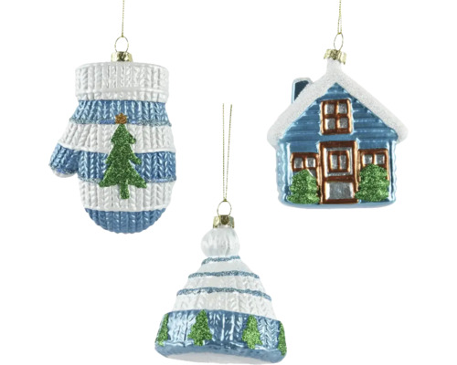 Dekohänger Winter aus Styropor blau Drei Weihnachtsbaumschmuckstücke in Form eines Handschuhs, eines Hauses und einer Mütze