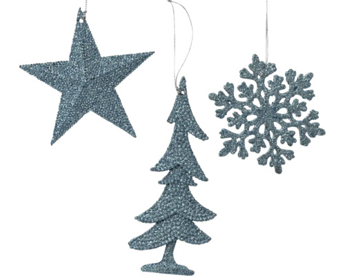 Christbaumhänger Motive Glitzer 10,5x0,8 cm blau Dekorationsset mit Stern, Tannenbaum und Schneeflocke zum Aufhängen