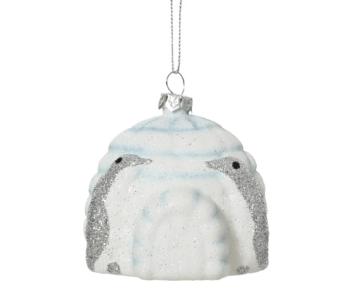 Dekohänger Haus aus Kunststoff weiß Weihnachtsbaumschmuck mit Pinguinmotiv und Aufhänger