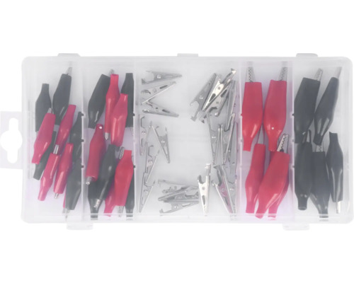 Sortiment von Krokodilklemmen in einer transparenten Kunststoffbox