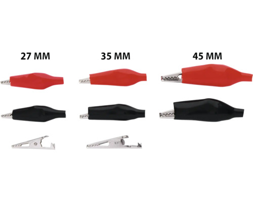 Krokodilklemmen in verschiedenen Größen: 27 mm, 35 mm und 45 mm.