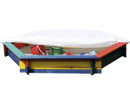Farbenfroher Sandkasten mit Abdeckung und Spielzeug