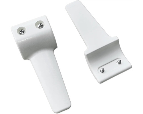 Zwei weiße Halterungen mit Schrauben zur Befestigung
