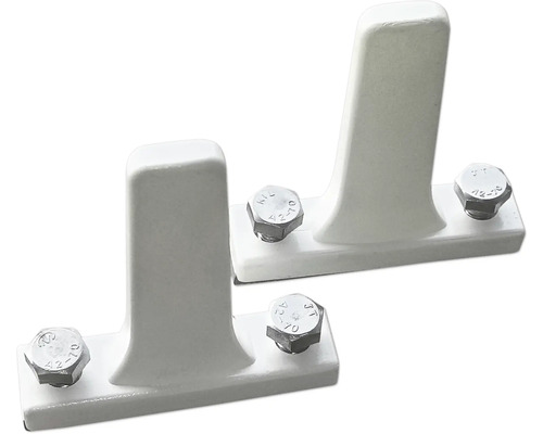 Zwei weiße Pfostenhalterungen mit Schrauben