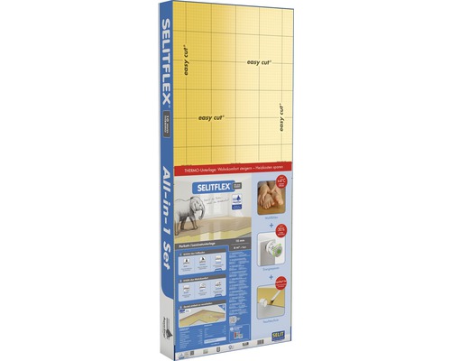 Parkett- und Laminatunterlage 10 mm THERMO 6m² + Tape Selitflex All-in-1 Set Verpackung
