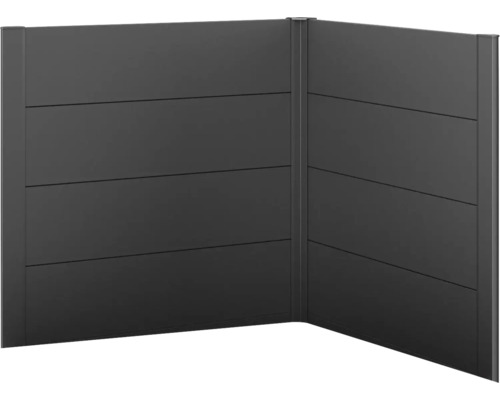Sichtschutz Biohort für Belvedere L-Form 2 Stück L100 dunkelgrau-metallic Eckansicht eines modernen Gartenzauns aus horizontalen Elementen und Pfosten.