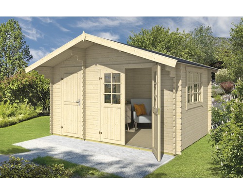 Gartenhaus Keila inkl. Geräteraum Fußboden Unterkonstruktion Fenster 380 x 250 cm Gartenhaus aus Holz mit geöffneter Tür und Fenster