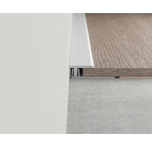 Detailansicht einer weißen Übergangsschiene zwischen zwei Bodenbelägen unterschiedlicher Höhe