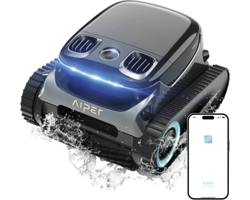 Aiper Logo auf einem Poolreinigungsroboter mit Raupenantrieb und Smartphone-App