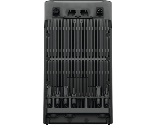 Rückansicht eines Wechselrichters mit Kühlrippen und Anschlüssen