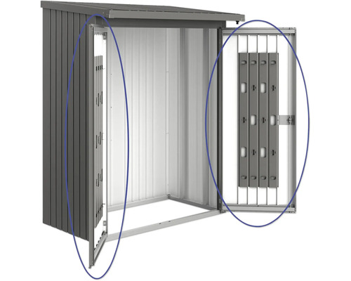 Geöffneter Geräteschuppen aus Metall mit Schiebetür