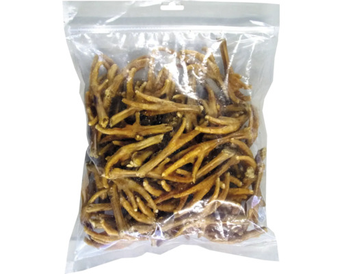 Hundesnack beeztees Hühnerfüße 1000 g Kauartikel Getrocknete Hühnerfüße in einer durchsichtigen Verpackung.