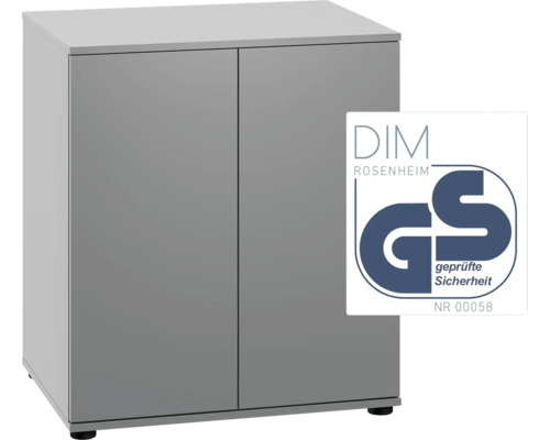 Grauer Badezimmerschrank mit zwei Türen und GS Zeichen für geprüfte Sicherheit