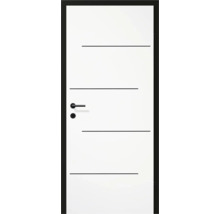 Weiße Innentür mit schwarzen horizontalen Zierleisten und Türgriff