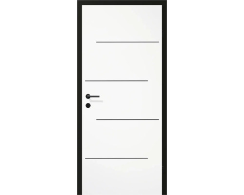 Weiße Innentür mit schwarzen horizontalen Zierleisten und Türgriff