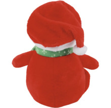Rückansicht einer Plüschfigur mit Weihnachtsmütze und Schal