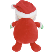 Rückansicht einer Plüschfigur mit roter Weihnachtsmütze und passendem Anzug