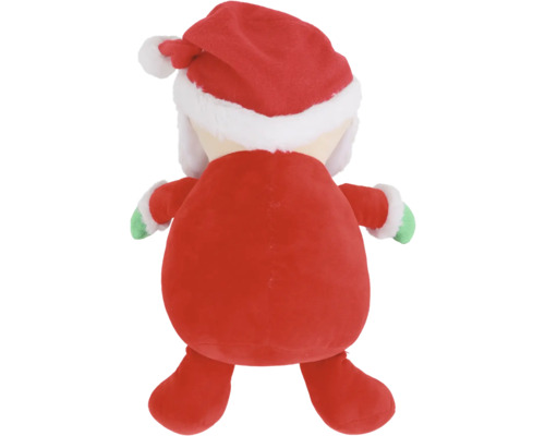 Rückansicht einer Plüschfigur mit roter Weihnachtsmütze und passendem Anzug