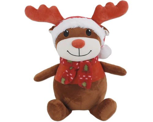Weihnachtsrentier als Plüschtier mit Mütze und Schal