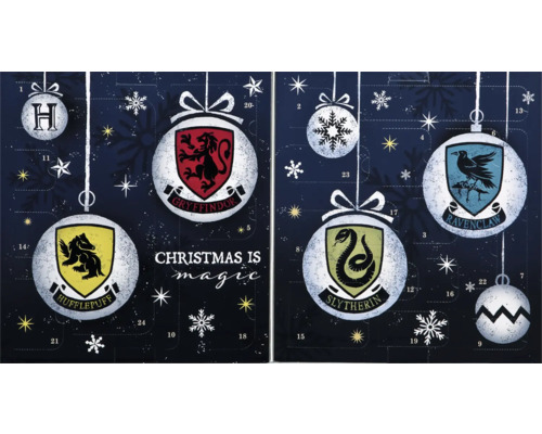 Harry Potter Adventskalender mit den Wappen der Häuser Gryffindor, Hufflepuff, Slytherin und Ravenclaw