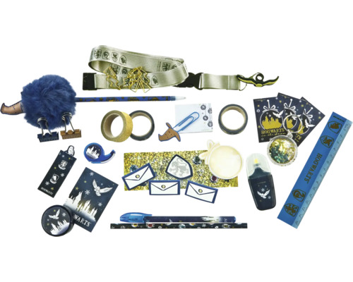 Schreibtischaccessoires mit Harry Potter Motiven, darunter Stifte, Masking Tape und Lanyard