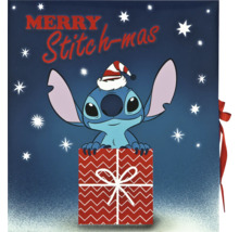 Dekoration mit Stitch Figur in Geschenkverpackung mit der Aufschrift Merry Stitch-mas