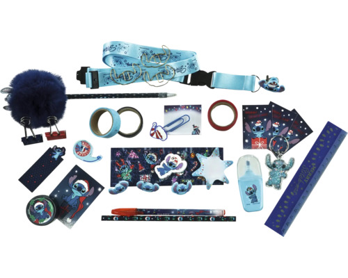 Schreibtischutensilien mit Stitch Motiven, darunter Notizblöcke, Stifte, Klebebänder, Lineal und Schlüsselanhänger