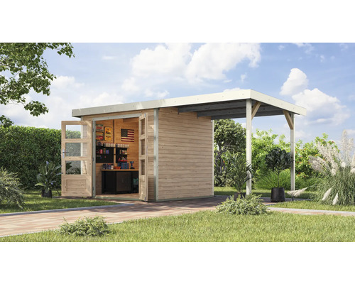 Gartenhaus Karibu Metalwood 3A Blech weiß inkl. Anbaudach 2,35 m 486,5 x 236,5 cm natur Gartenhaus Karibu Metalwood 3A Blech weiß inkl. Anbaudach 2,35 m 486,5 x 236,5 cm natur