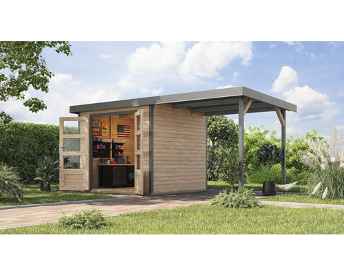 Gartenhaus Karibu Metalwood 3A Blech graualu inkl. Anbaudach 2,35 m 486,5 x 236,5 cm natur Gartenhaus Karibu Metalwood 3A Blech graualu inkl. Anbaudach 2,35 m 486,5 x 236,5 cm natur