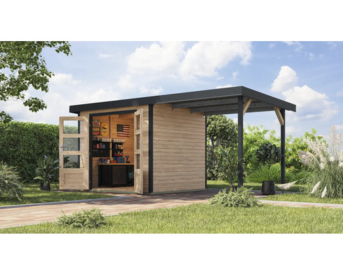 Gartenhaus Karibu Metalwood 3A Blech anthrazit inkl. Anbaudach 2,35 m 486,5 x 236,5 cm natur Gartenhaus Karibu Metalwood 3A Blech anthrazit inkl. Anbaudach 2,35 m 486,5 x 236,5 cm natur