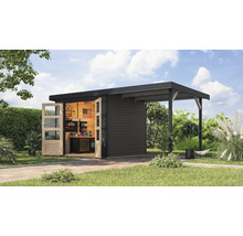 Modernes Gartenhaus mit offenstehenden Türen und überdachtem Bereich im Außenbereich.
