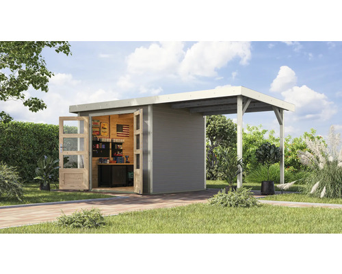 Gartenhaus Karibu Metalwood 3D Blech weiß inkl. Anbaudach 2,35 m 486,5 x 236,5 cm wassergrau Gartenhaus Karibu Metalwood 3D Blech weiß inkl. Anbaudach 2,35 m 486,5 x 236,5 cm wassergrau