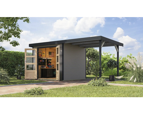 Gartenhaus Karibu Metalwood 3D Blech anthrazit inkl. Anbaudach 2,35 m 486,5 x 236,5 cm wassergrau Gartenhaus Karibu Metalwood 3D Blech anthrazit inkl. Anbaudach 2,35 m 486,5 x 236,5 cm wassergrau