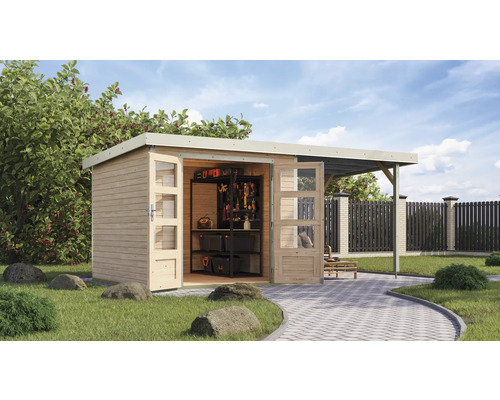 Gartenhaus Karibu Metalwood 3,5A Blech weiß inkl. Anbaudach 2,35 m 486,5 x 266,5 cm natur Gartenhaus Karibu Metalwood 3,5A Blech weiß inkl. Anbaudach 2,35 m 486,5 x 266,5 cm natur