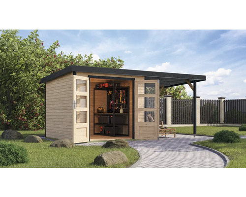 Gartenhaus Karibu Metalwood 3,5A Blech anthrazit inkl. Anbaudach 2,35 m 486,5 x 266,5 cm natur Gartenhaus Karibu Metalwood 3,5A Blech anthrazit inkl. Anbaudach 2,35 m 486,5 x 266,5 cm natur
