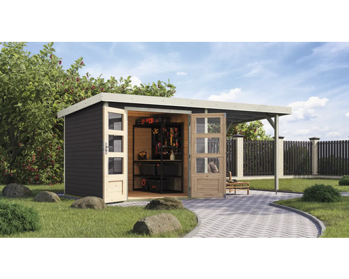 Gartenhaus Karibu Metalwood 3,5B Blech weiß inkl. Anbaudach 2,35 m 486,5 x 266,5 cm terragrau Gartenhaus Karibu Metalwood 3,5B Blech weiß inkl. Anbaudach 2,35 m 486,5 x 266,5 cm terragrau