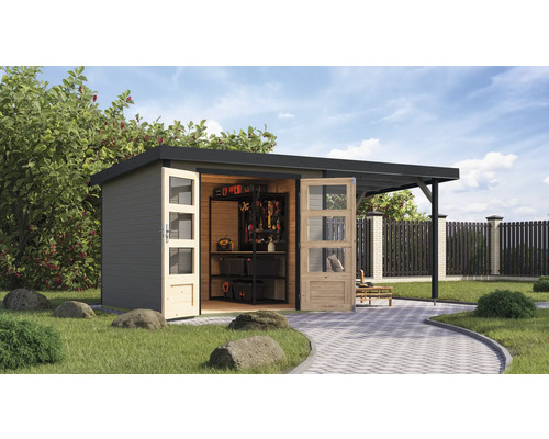 Gartenhaus Karibu Metalwood 3,5D Blech anthrazit inkl. Anbaudach 2,35 m 486,5 x 266,5 cm wassergrau Gartenhaus Karibu Metalwood 3,5D Blech anthrazit inkl. Anbaudach 2,35 m 486,5 x 266,5 cm wassergrau