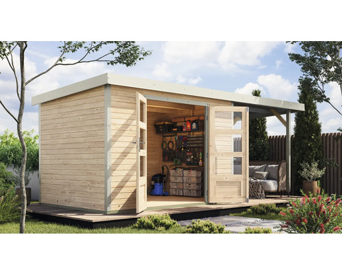 Gartenhaus Karibu Metalwood 4A Blech weiß inkl. Anbaudach 2,35 m 541,5 x 236,5 cm natur Gartenhaus Karibu Metalwood 4A Blech weiß inkl. Anbaudach 2,35 m 541,5 x 236,5 cm natur